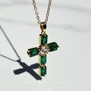 New! “Miriam” Emerald Green Religious Cross Pendant Necklace